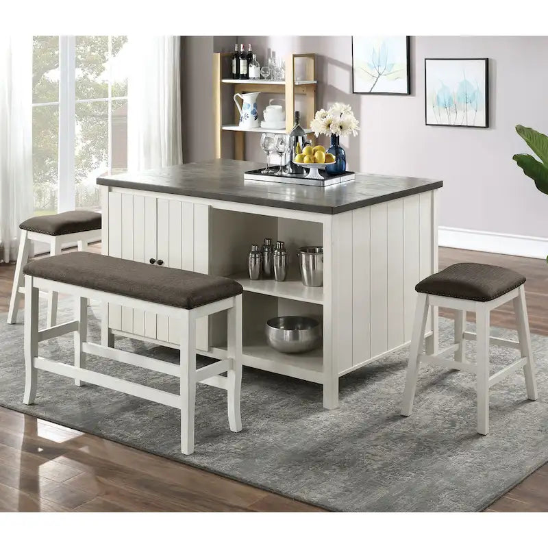 Furniture of America Hanto Transitional Off-White Wood 4-Piece Counter Height Dining Table Set with Storage