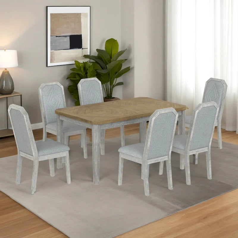 Ensemble de salle à manger 7 pièces de style rustique classique avec 1 table et 6 chaises à dossier haut pour la salle à manger