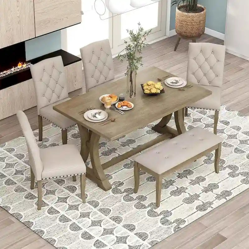 Ensemble de 6 pièces de salle à manger de style ferme pour 6 personnes - Table rectangulaire à tréteaux avec chaises et banc