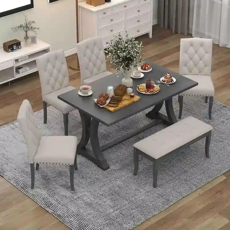 Ensemble de 6 pièces de salle à manger de style ferme pour 6 personnes - Table rectangulaire à tréteaux avec chaises et banc