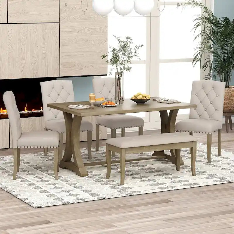 Ensemble de 6 pièces de salle à manger de style ferme pour 6 personnes - Table rectangulaire à tréteaux avec chaises et banc