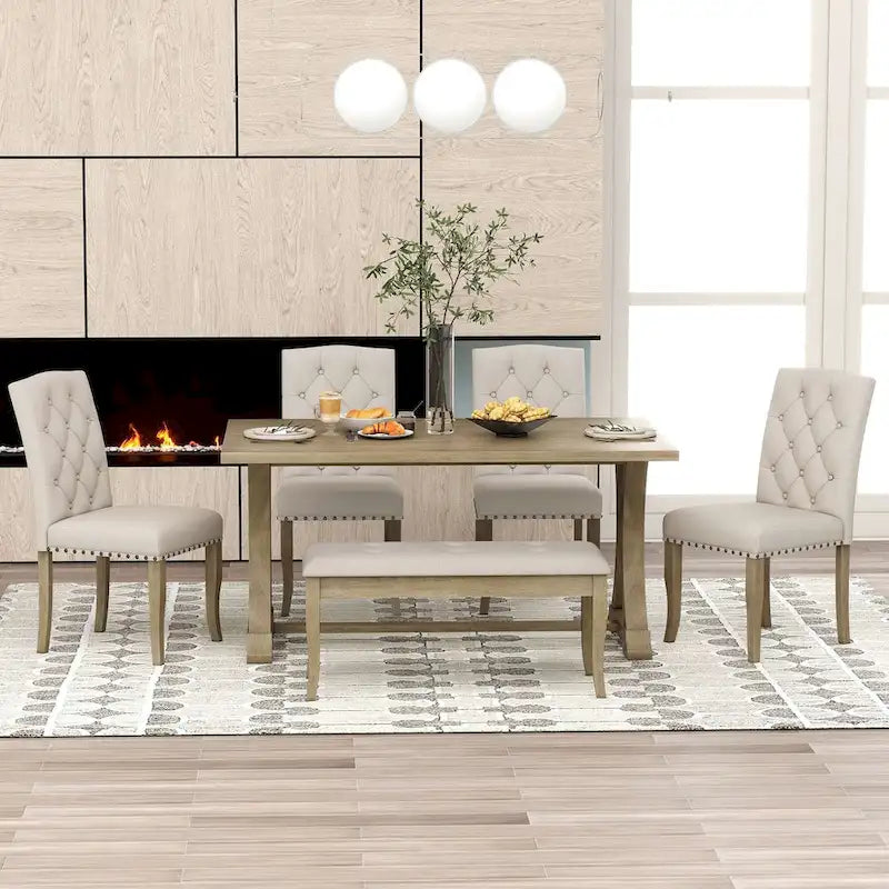 Ensemble de 6 pièces de salle à manger de style ferme pour 6 personnes - Table rectangulaire à tréteaux avec chaises et banc