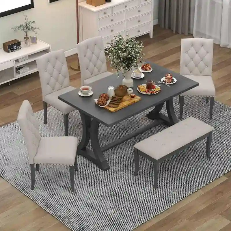 Ensemble de 6 pièces de salle à manger de style ferme pour 6 personnes - Table rectangulaire à tréteaux avec chaises et banc