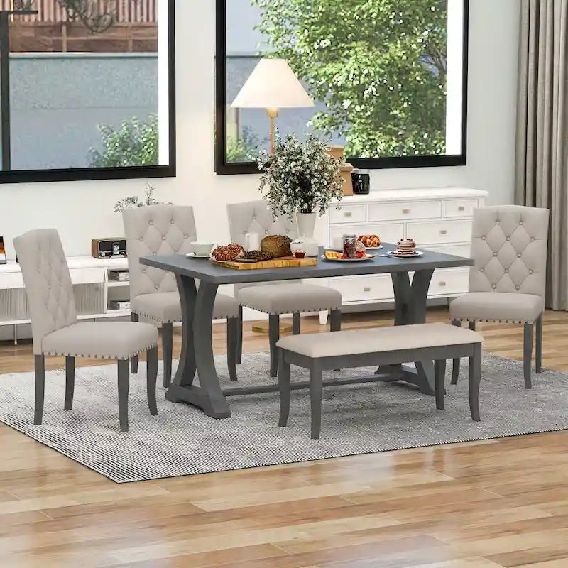 Ensemble de 6 pièces de salle à manger de style ferme pour 6 personnes - Table rectangulaire à tréteaux avec chaises et banc
