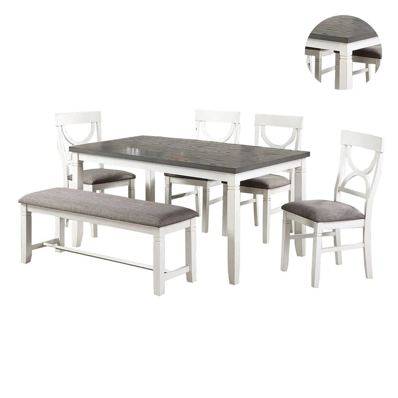 Ensemble de salle à manger 6 pièces avec chaises à dossier ajouré et banc rembourré, blanc et gris
