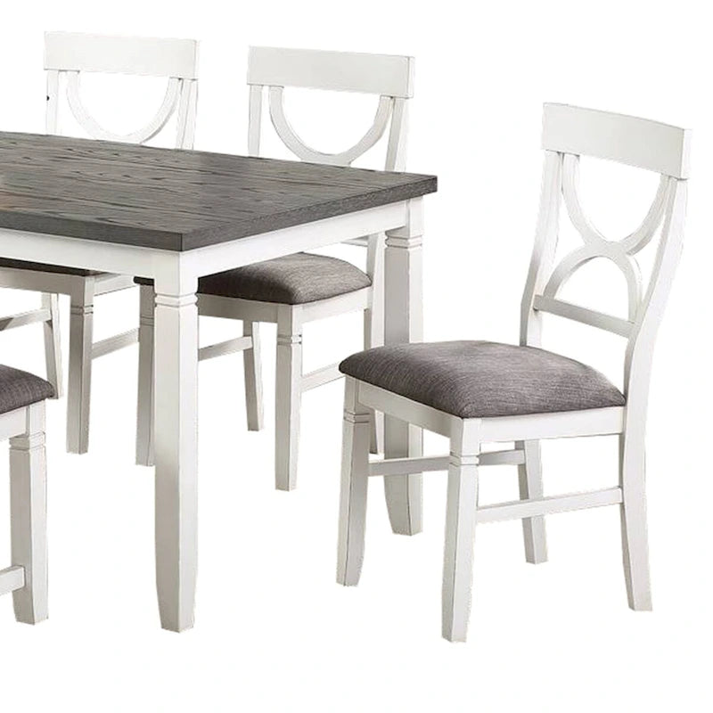 Ensemble de salle à manger 6 pièces avec chaises à dossier ajouré et banc rembourré, blanc et gris