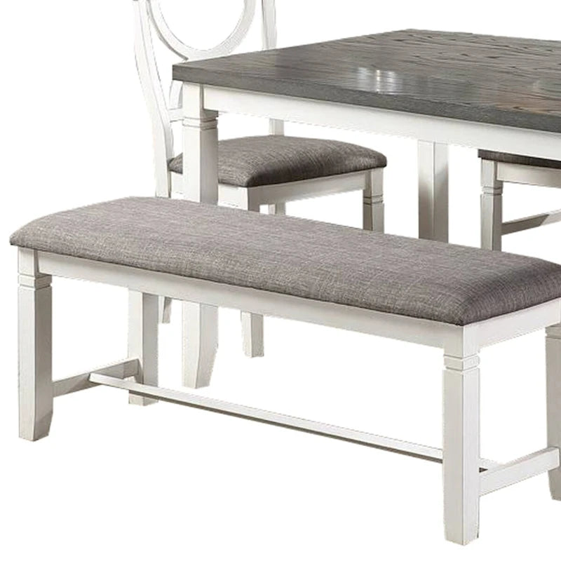 Ensemble de salle à manger 6 pièces avec chaises à dossier ajouré et banc rembourré, blanc et gris