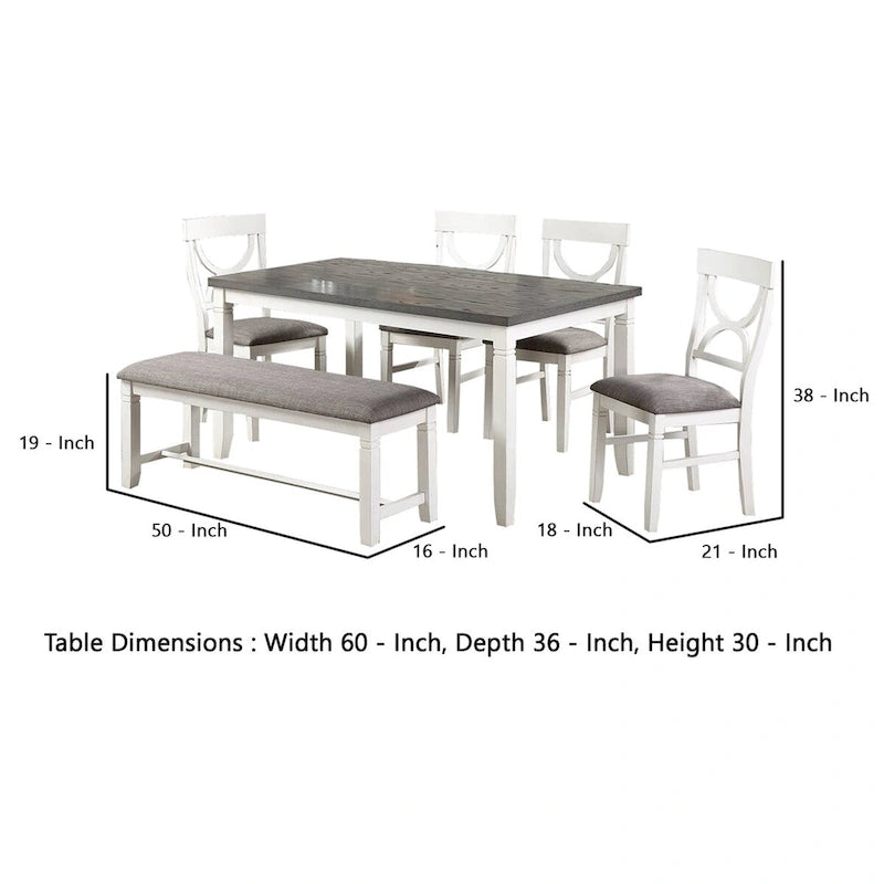 Ensemble de salle à manger 6 pièces avec chaises à dossier ajouré et banc rembourré, blanc et gris