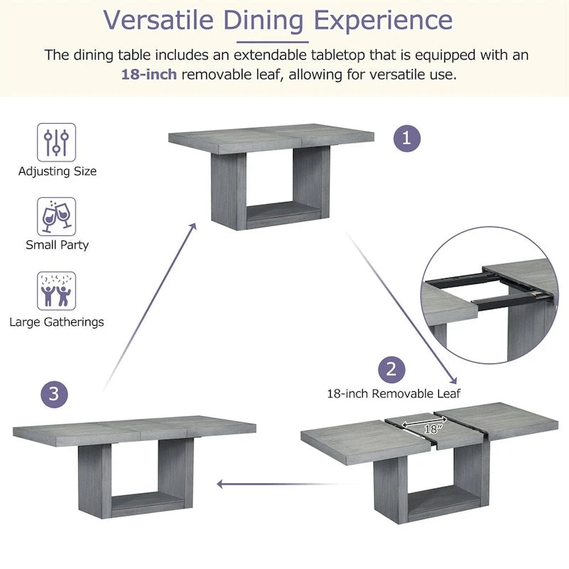 Ensemble de salle à manger contemporain de 6 pièces avec table à rallonge de 198 cm et pied central