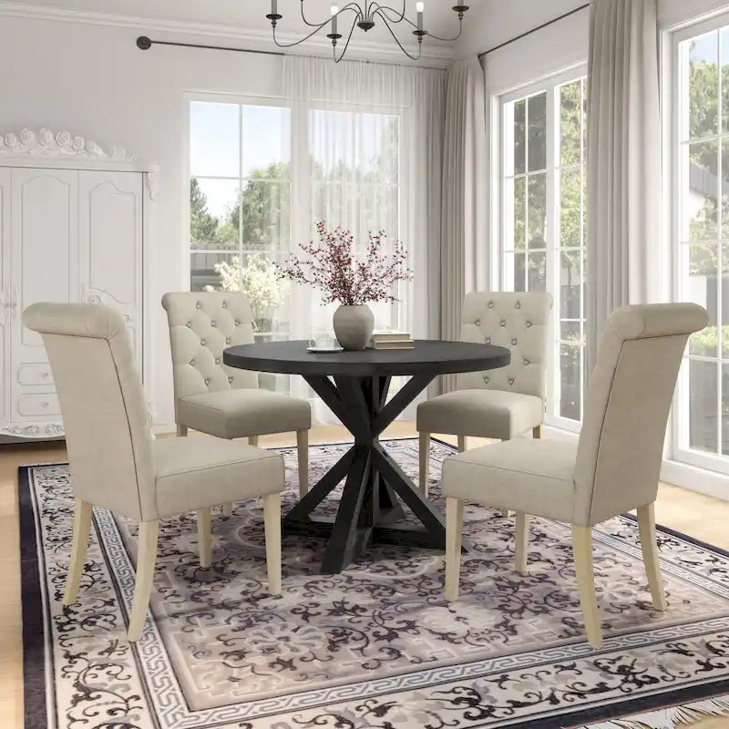 Ensemble de salle à manger rond 5 pièces Banff de Roundhill Furniture, table ronde à piètement croisé avec 4 chaises capitonnées