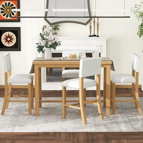 Ensemble de salle à manger 5 pièces à hauteur de comptoir, table et 4 chaises classiques et élégantes en bois naturel.