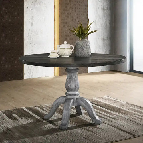 Ensemble de salle à manger 5 pièces, table ronde à pied central avec 4 chaises, blanc patiné et gris