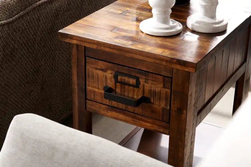 16 Rustic Chairside Table with Storage and Shelf - Brown Wood