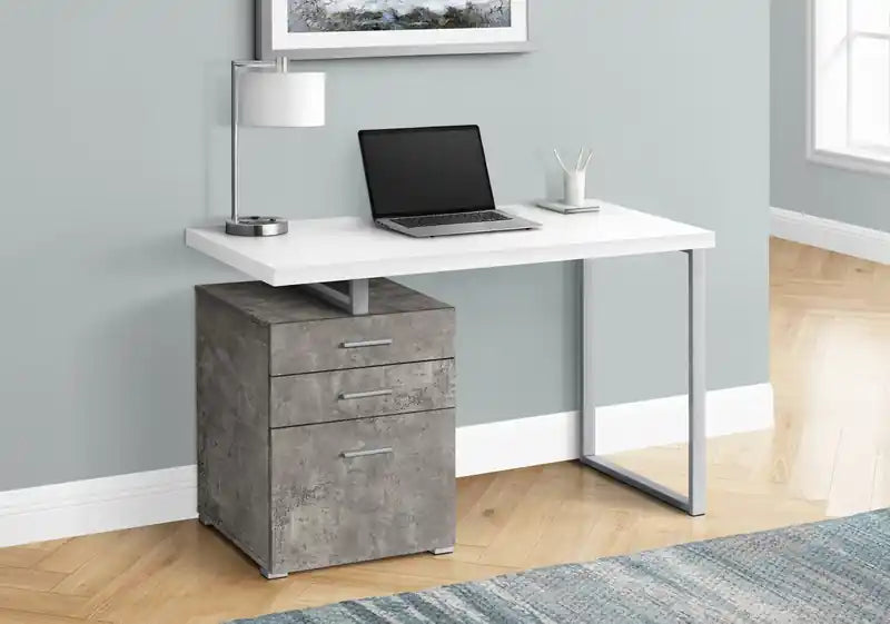 47.25 Reversible Office Desk with 3-Drawers - White/Concrete-Look