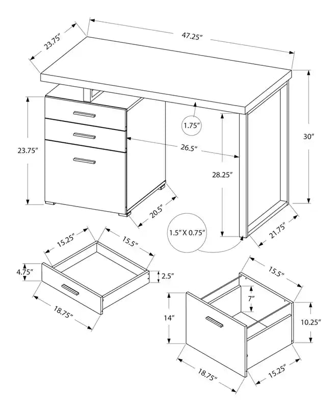 47.25 Reversible Office Desk with 3-Drawers - White/Concrete-Look