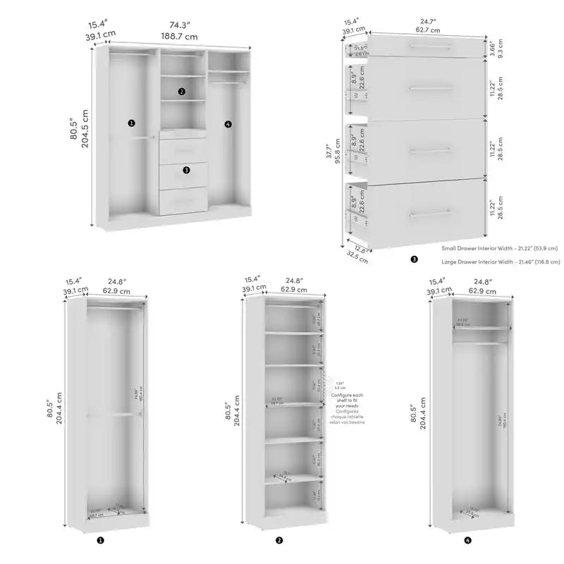 74 Modular Reach-In Closet System with Rods and Storage