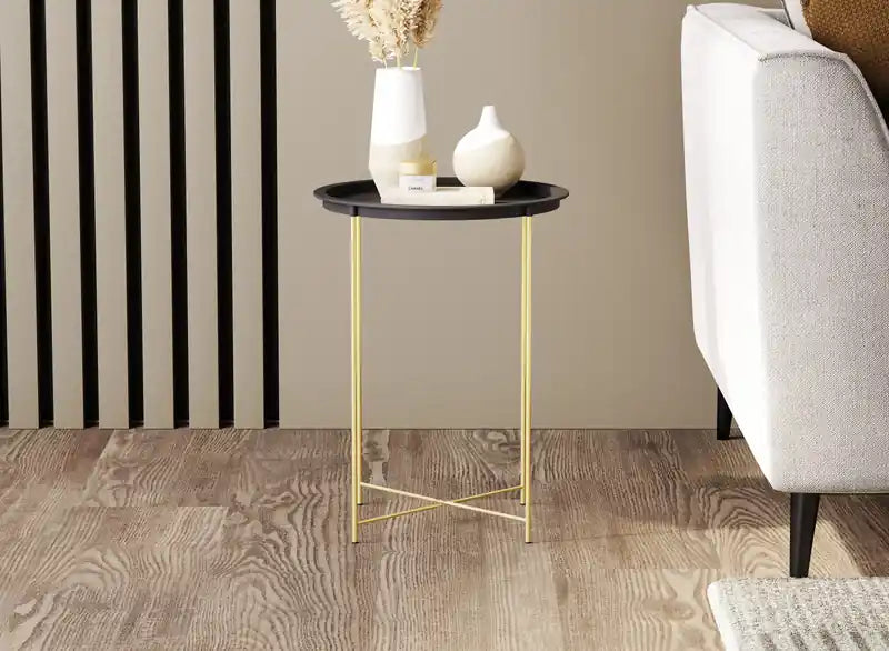 End Table With Gold Metal Base - Black Top