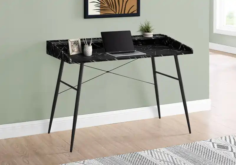 47.25 Office Desk with Small Hutch - Black Marble-Look