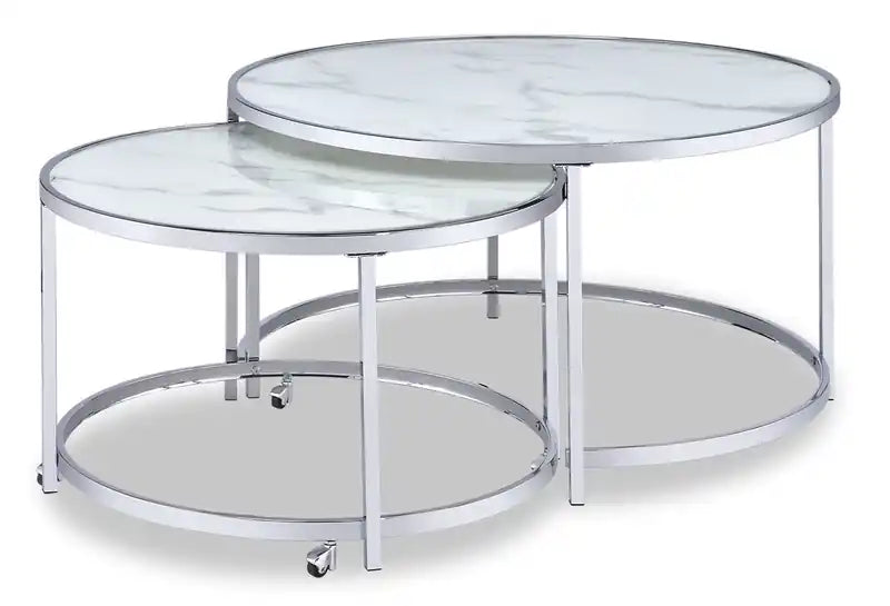 Josie 36 Glam Round Glass Top Nesting Coffee Tables - Grey Marble Look with Metal Legs