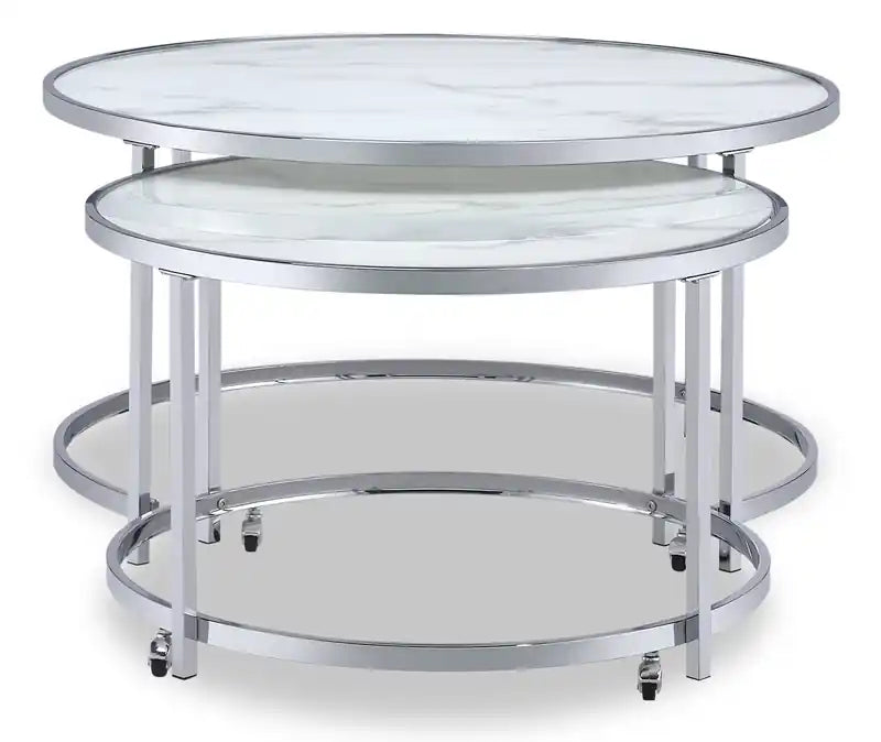 Josie 36 Glam Round Glass Top Nesting Coffee Tables - Grey Marble Look with Metal Legs