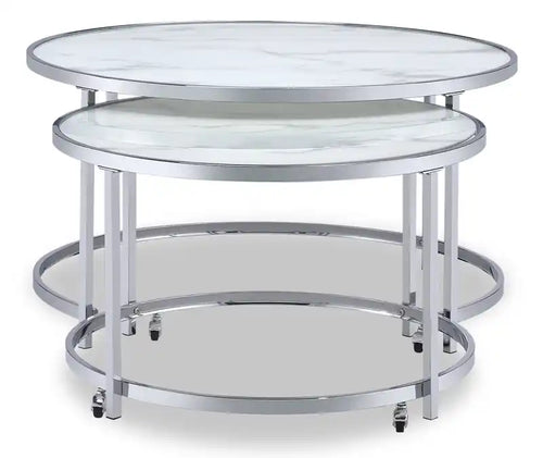 36 tables basses gigognes rondes et élégantes en verre - Aspect marbre gris avec pieds en métal