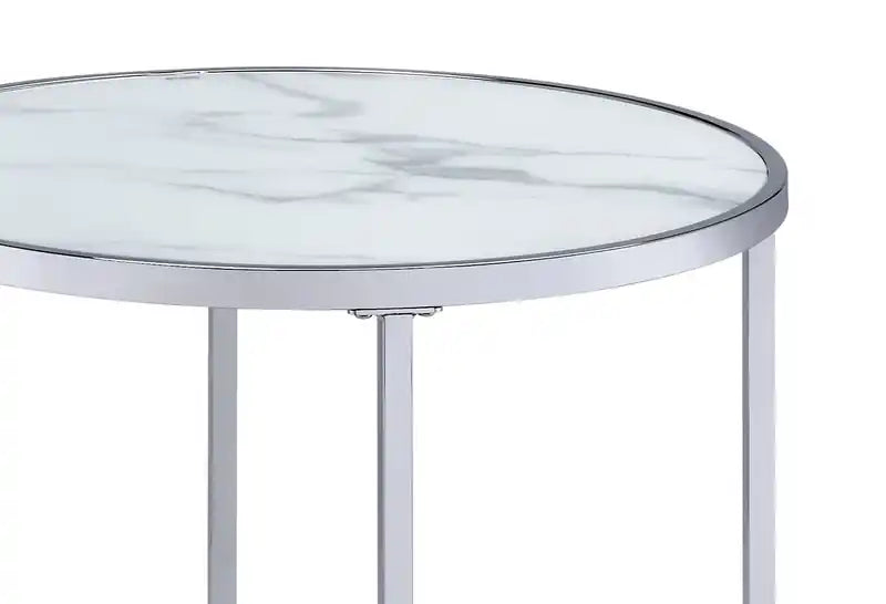 Josie 36 Glam Round Glass Top Nesting Coffee Tables - Grey Marble Look with Metal Legs