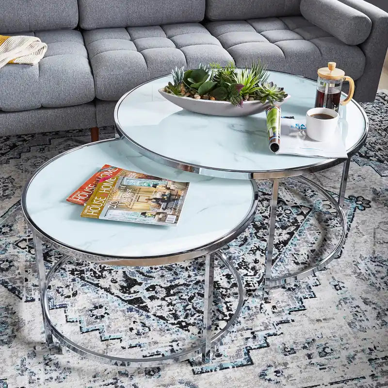 Josie 36 Glam Round Glass Top Nesting Coffee Tables - Grey Marble Look with Metal Legs