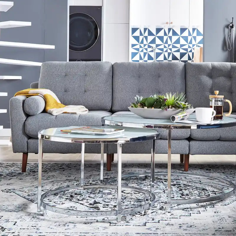 Josie 36 Glam Round Glass Top Nesting Coffee Tables - Grey Marble Look with Metal Legs