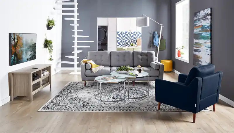 Josie 36 Glam Round Glass Top Nesting Coffee Tables - Grey Marble Look with Metal Legs