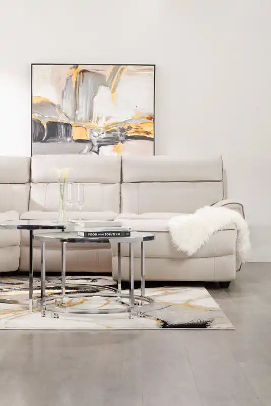Josie 36 Glam Round Glass Top Nesting Coffee Tables - Grey Marble Look with Metal Legs