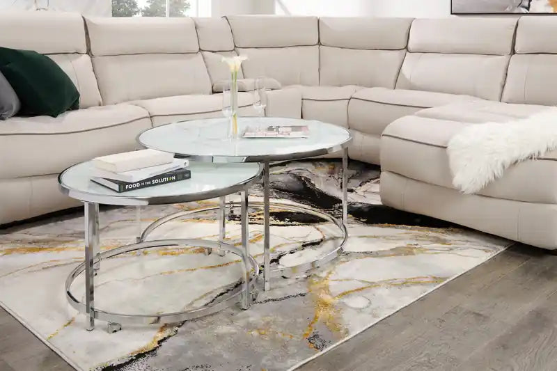 Josie 36 Glam Round Glass Top Nesting Coffee Tables - Grey Marble Look with Metal Legs