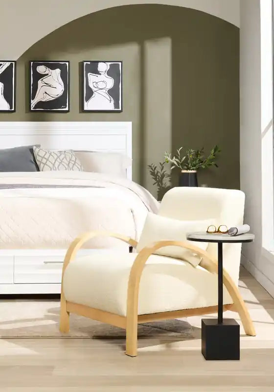 27.55 Boucle Fabric Accent Chair with Accent Pillow and Wood Armrests and Legs