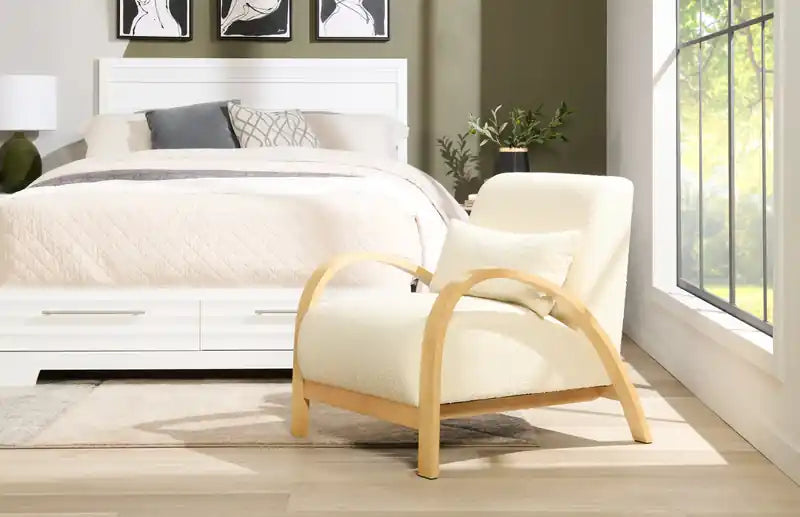 27.55 Boucle Fabric Accent Chair with Accent Pillow and Wood Armrests and Legs