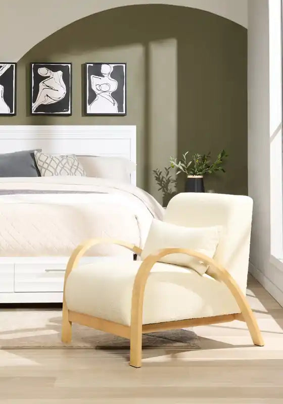 27.55 Boucle Fabric Accent Chair with Accent Pillow and Wood Armrests and Legs