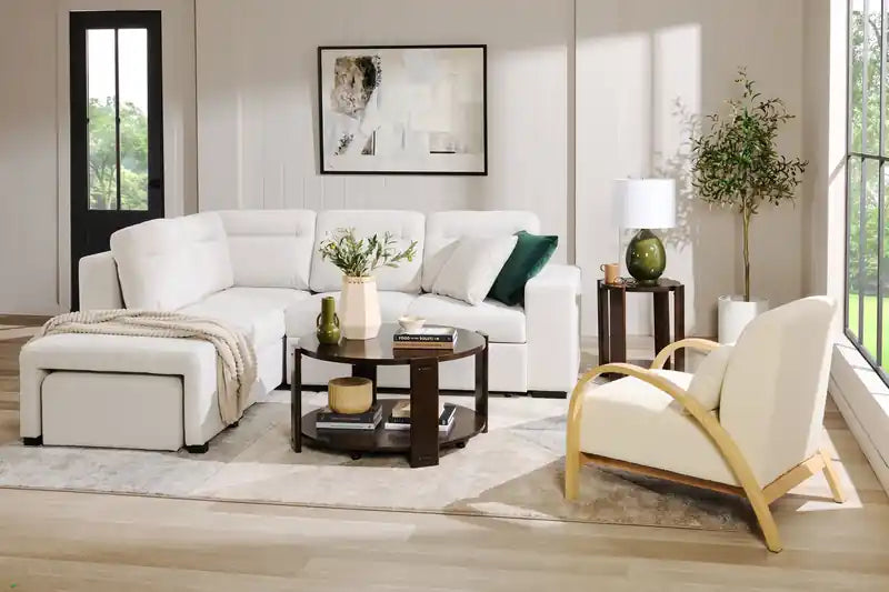 27.55 Boucle Fabric Accent Chair with Accent Pillow and Wood Armrests and Legs