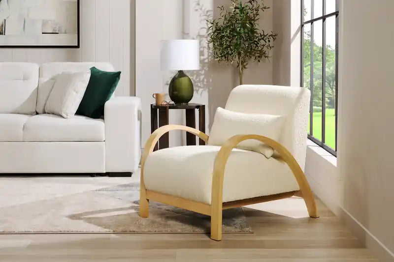27.55 Boucle Fabric Accent Chair with Accent Pillow and Wood Armrests and Legs