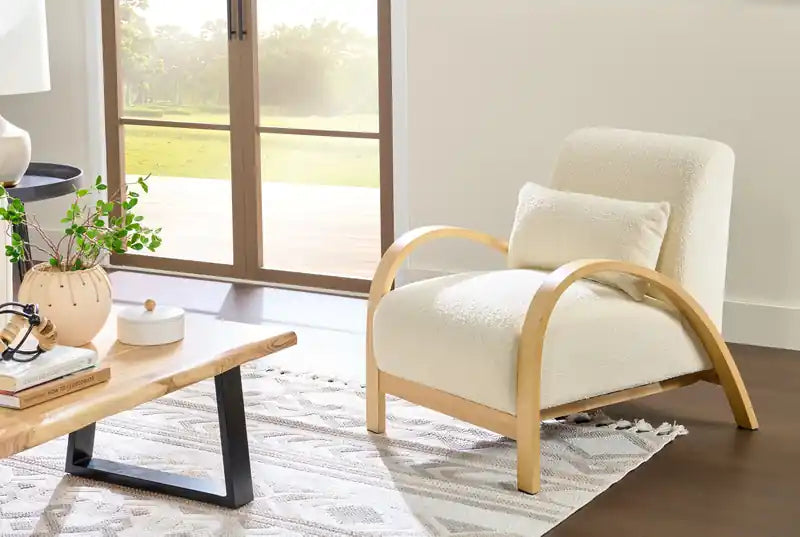 27.55 Boucle Fabric Accent Chair with Accent Pillow and Wood Armrests and Legs