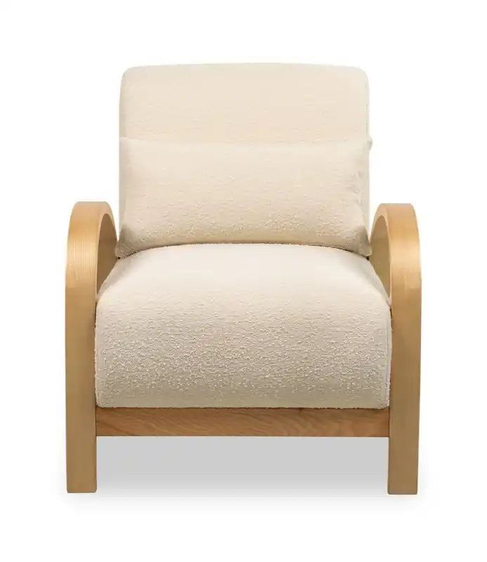 27.55 Boucle Fabric Accent Chair with Accent Pillow and Wood Armrests and Legs