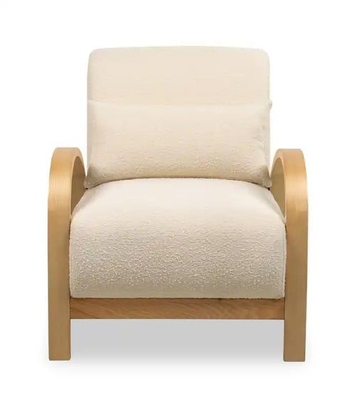 27.55 Boucle Fabric Accent Chair with Accent Pillow and Wood Armrests and Legs