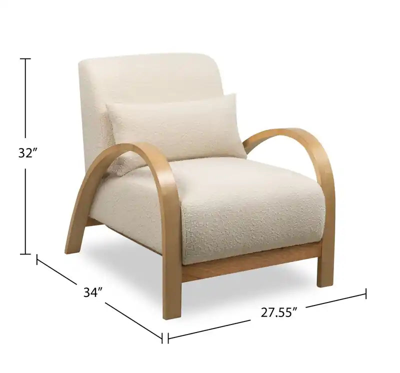 27.55 Boucle Fabric Accent Chair with Accent Pillow and Wood Armrests and Legs