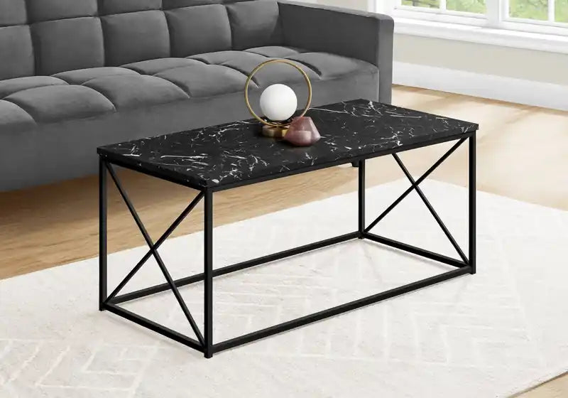 40.5 Modern Coffee Table - Black Marble Look with Black Metal Base