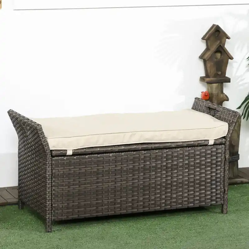 2-in-1 Patio Wicker Storage Bench 27 Gallon Storage Box Cream