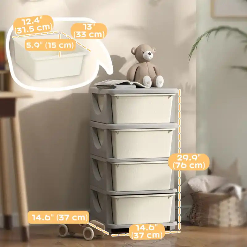 Qaba Kids Toy Storage Organizer With 4 Plastic Bins, 4 Tier Drawer Chest Utility For Kids Bedroom Nursery Kindergarten Living Room For Boys Girls Toddlers, Cream White