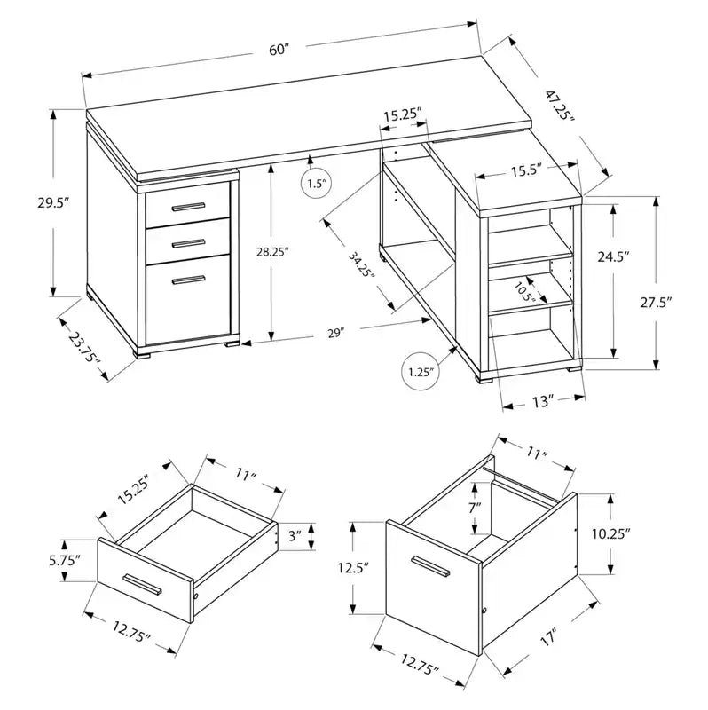 Rickey 60 L-Shaped Corner Office Desk with 3-Drawers & Shelving