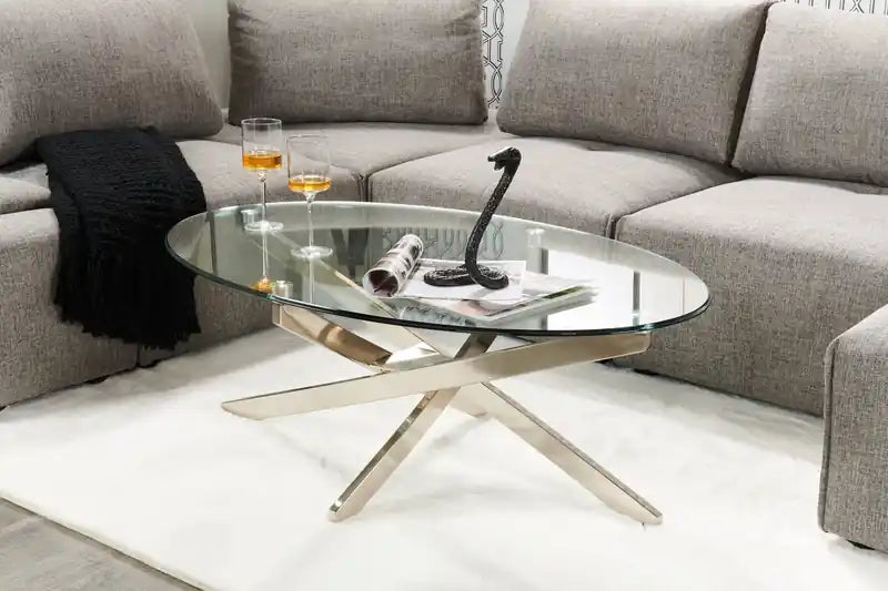 Zila 48 Modern Round Glass Top Coffee Table - Silver with Stainless Steel Base